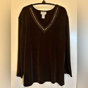 Chicos Travelers Top size 2 Brown Sequin Ribbon Trim Slinky Knit Stretch